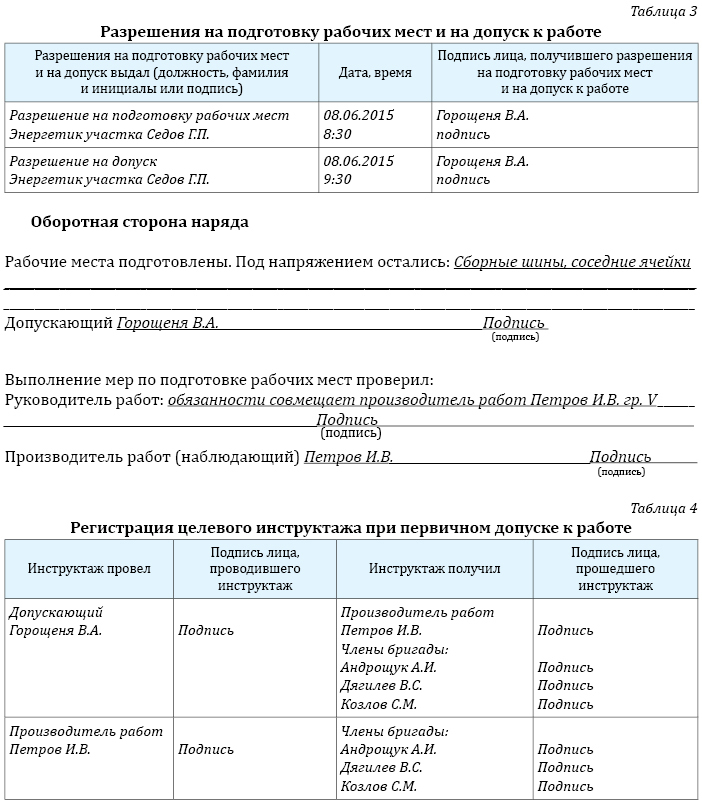 Образец заполнения наряда-допуска для работы в электроустановках ...